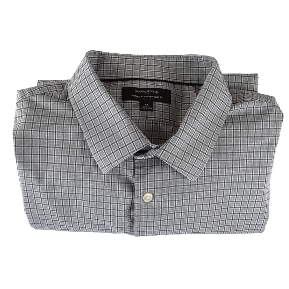Banana Republic‎ Mens XL Wrinkle Resistant Slim Fit Dress Shirt Grey Plaid Grid